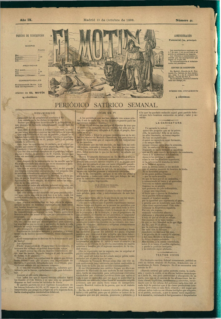 Miniatura de El Motín: periódico satírico semanal del 13 de octubre de 1889