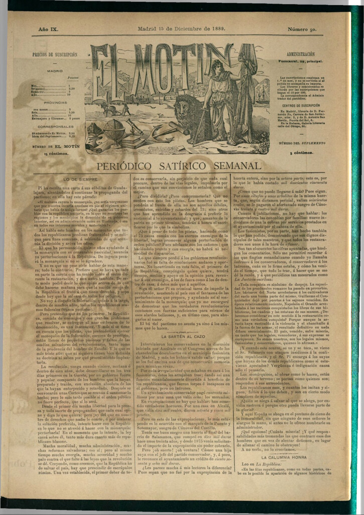Miniatura de El Motín: periódico satírico semanal del 15 de diciembre de 1889