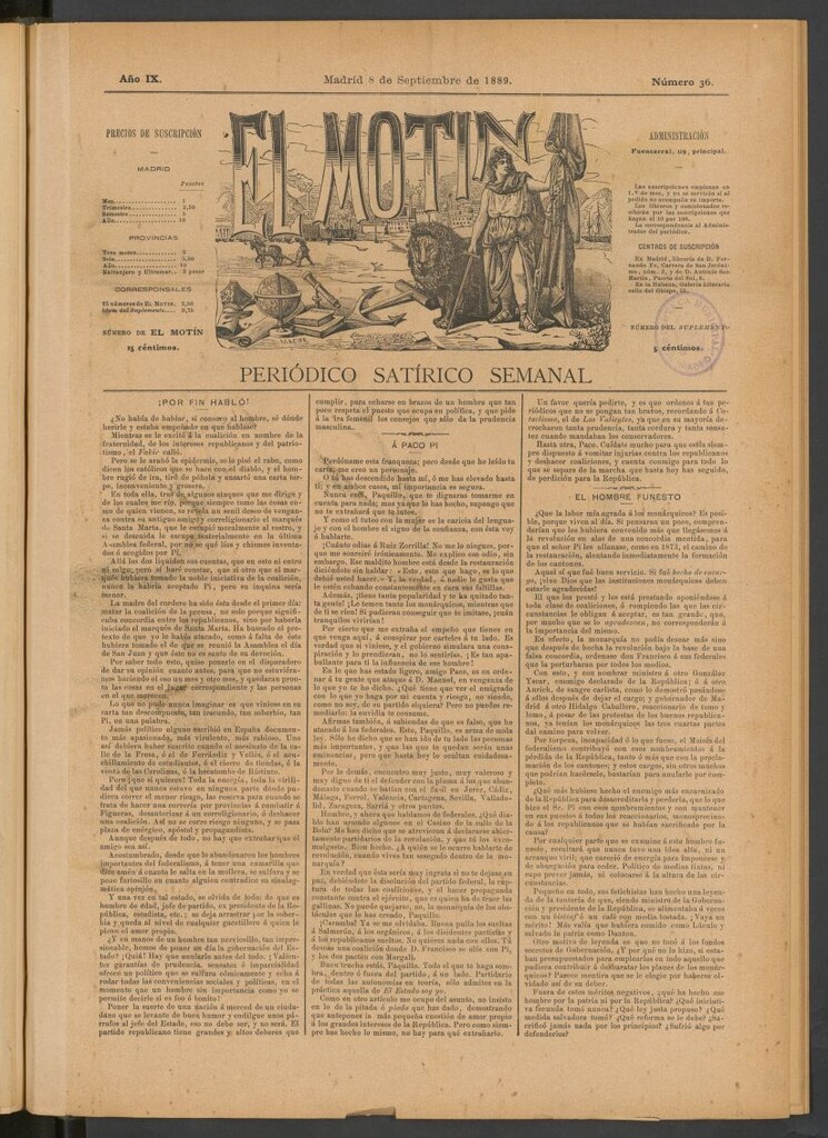 Miniatura de El Motín: periódico satírico semanal del 8 de septiembre de 1889