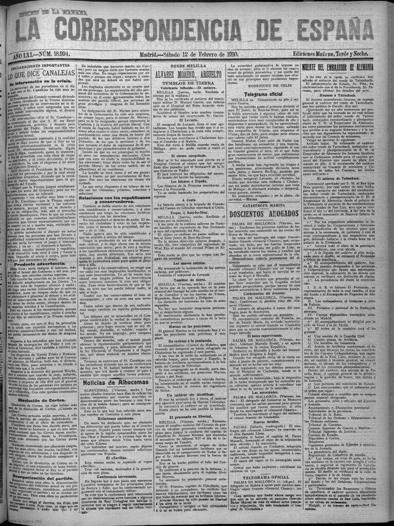 Miniatura de La Correspondencia de España del 12 de febrero de 1910 (edición de la mañana)