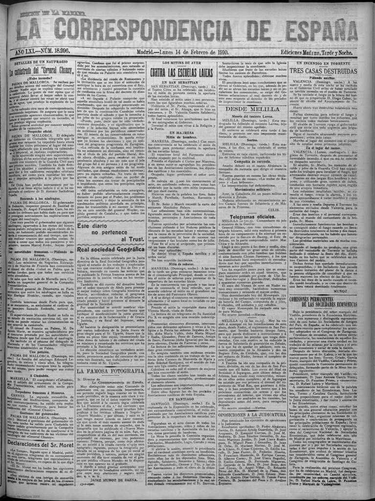 Miniatura de La Correspondencia de España del 14 de febrero de 1910 (edición de la mañana)