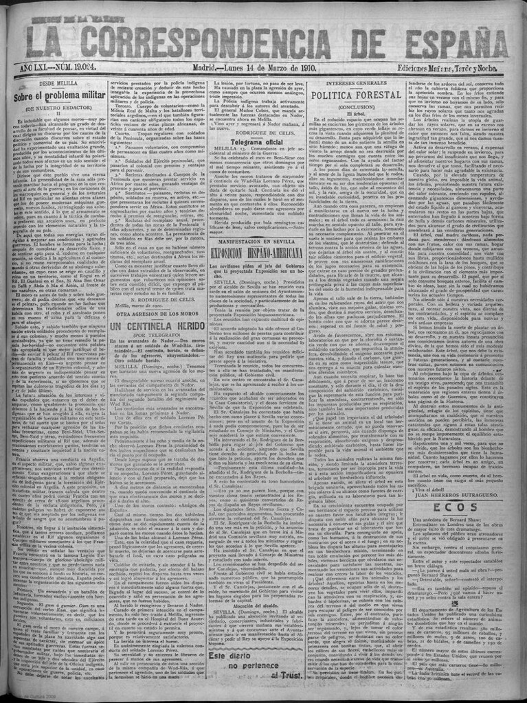 Miniatura de La Correspondencia de España del 14 de marzo de 1910 (edición de la mañana)