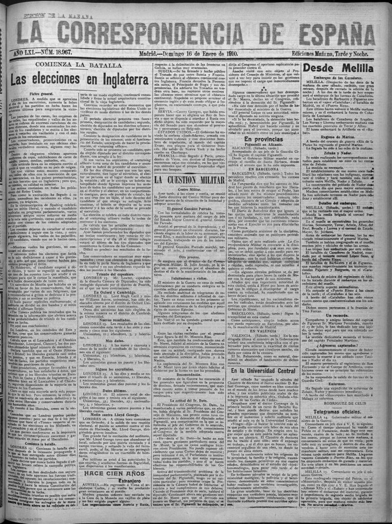 Miniatura de La correspondencia de España del 16 de enero de 1910 (edición de la mañana)