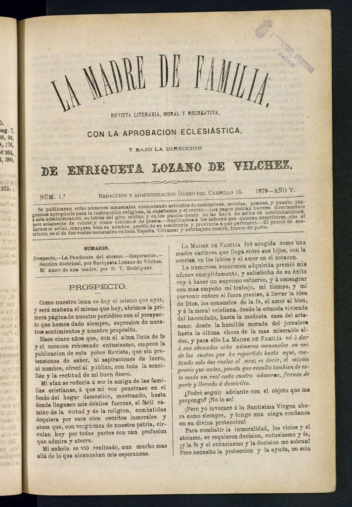 Miniatura de Madre de Familia : revista semanal de 1879, nº 1