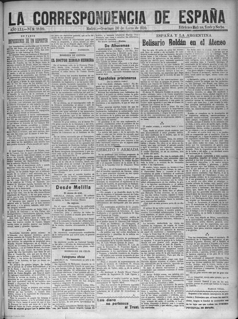 Miniatura de La Correspondencia de España del 30 de enero de 1910