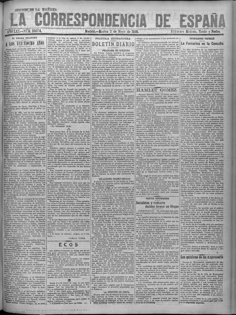 Miniatura de La Correspondencia de España del 3 de mayo de 1910 (edición de la mañana)