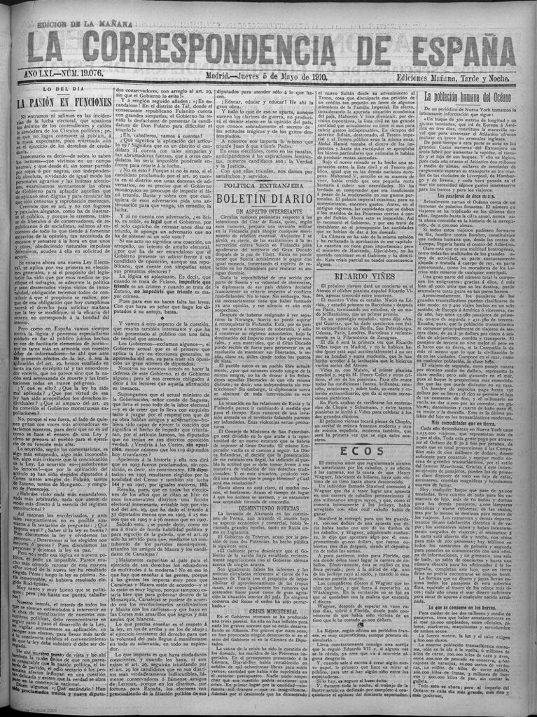 Miniatura de La Correspondencia de España del 5 de mayo de 1910 (edición de la mañana)