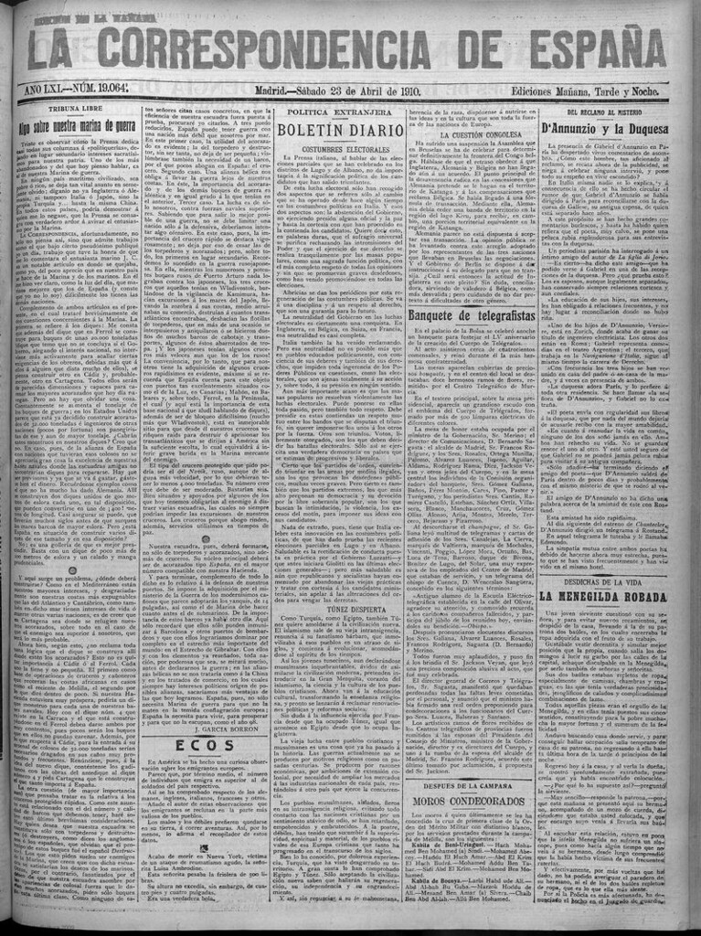 Miniatura de La Correspondencia de España del 23 de abril de 1910 (edición de la mañana)