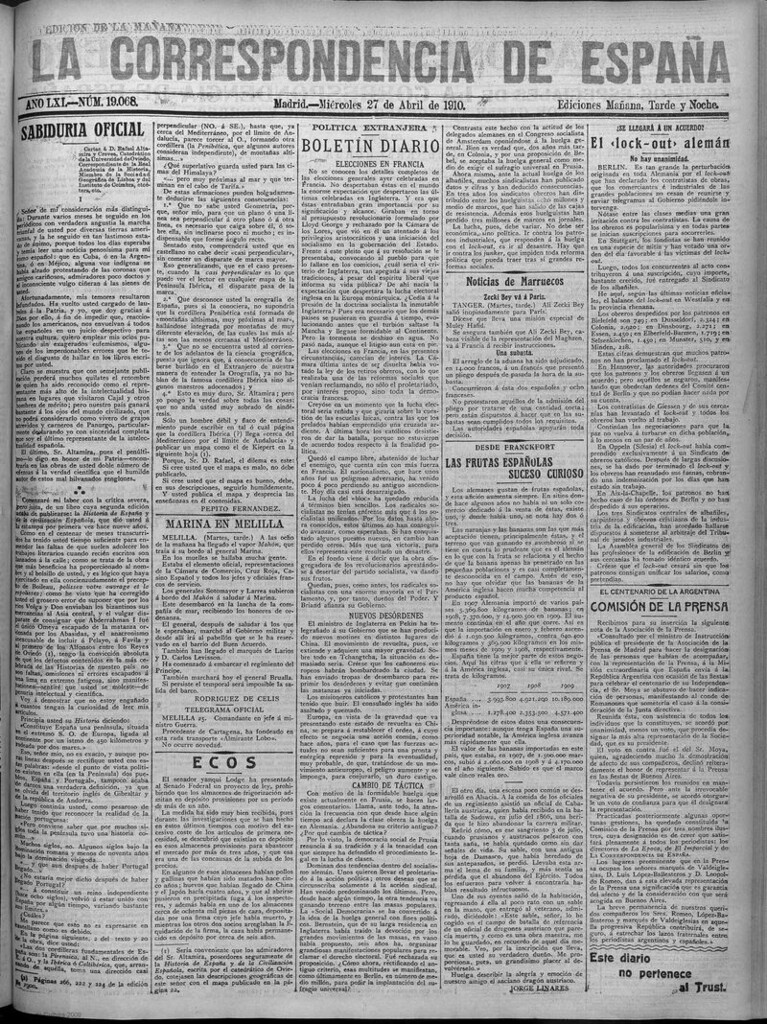 Miniatura de La Correspondencia de España del 27 de abril de 1910 (edición de la mañana)