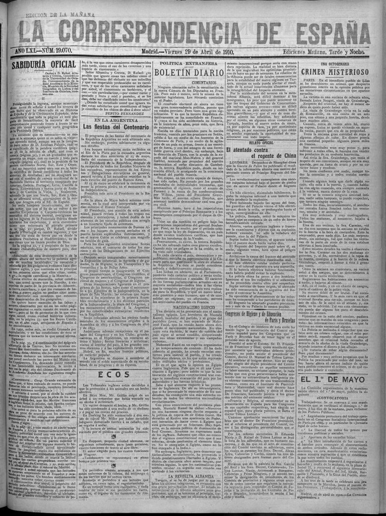 Miniatura de La Correspondencia de España del 29 de abril de 1910 (edición de la mañana)