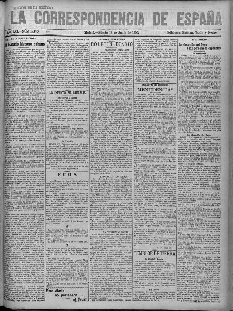 Miniatura de La Correspondencia de España del 18 de junio de 1910 (edición de la mañana)
