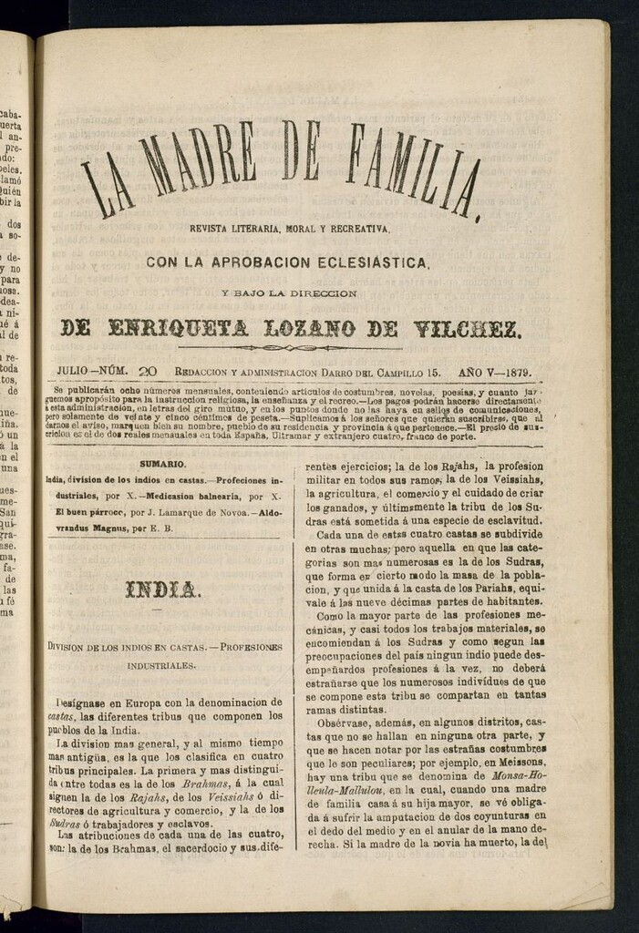 Miniatura de Madre de Familia : revista semanal de julio de 1879, nº 20