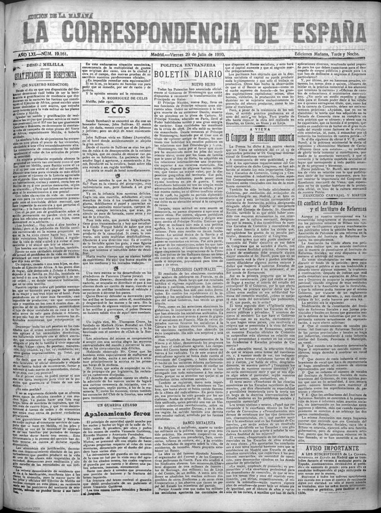 Miniatura de La Correspondencia de España del 29 de julio de 1910 (edición de la mañana)