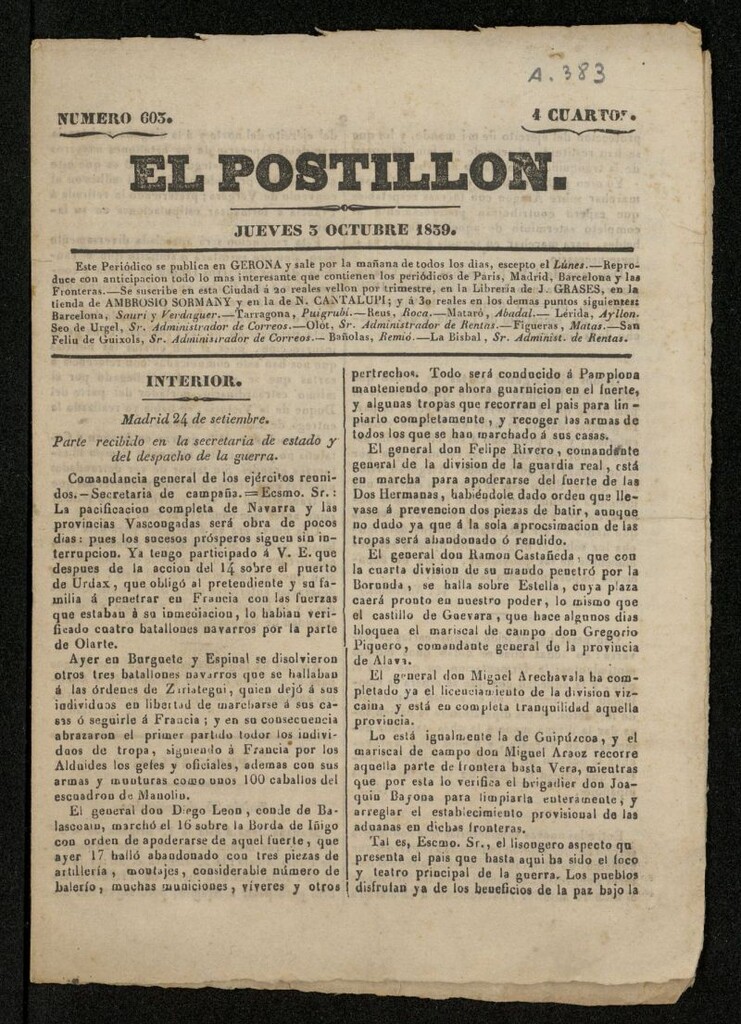 Miniatura de El Postillón (Gerona, 1839)