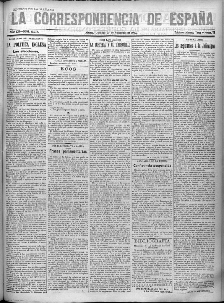 Miniatura de La Correspondencia de España del 20 de noviembre de 1910 (edición de la mañana)