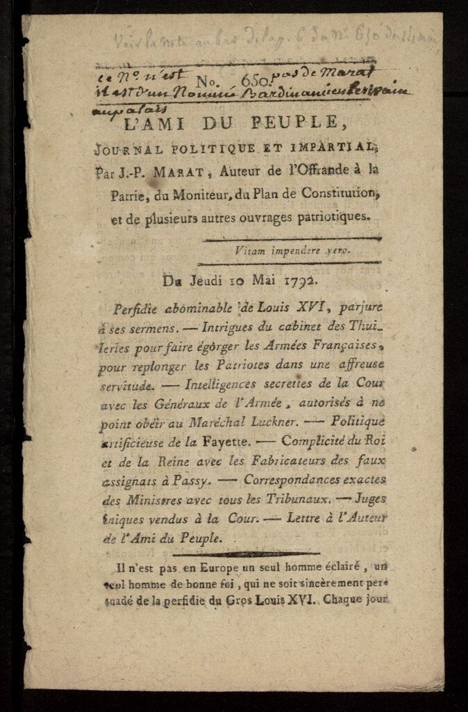 Miniatura de L´Ami du Peuple ou Le Publiciste Parisien Par M. Marat (falsificación)