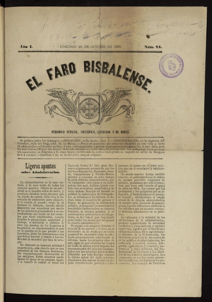 Miniatura de El Faro Bisbalense: periódico semanal, científico, literario y de modas