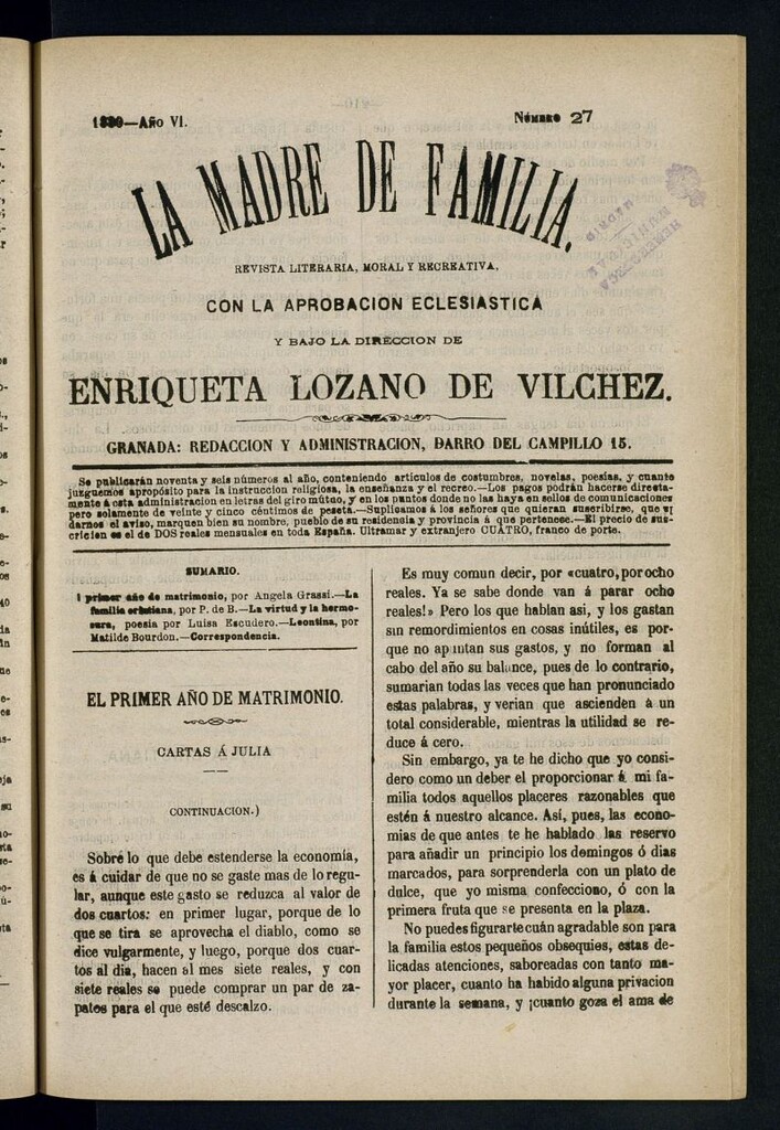 Miniatura de Madre de Familia : revista semanal de 1880, nº 27