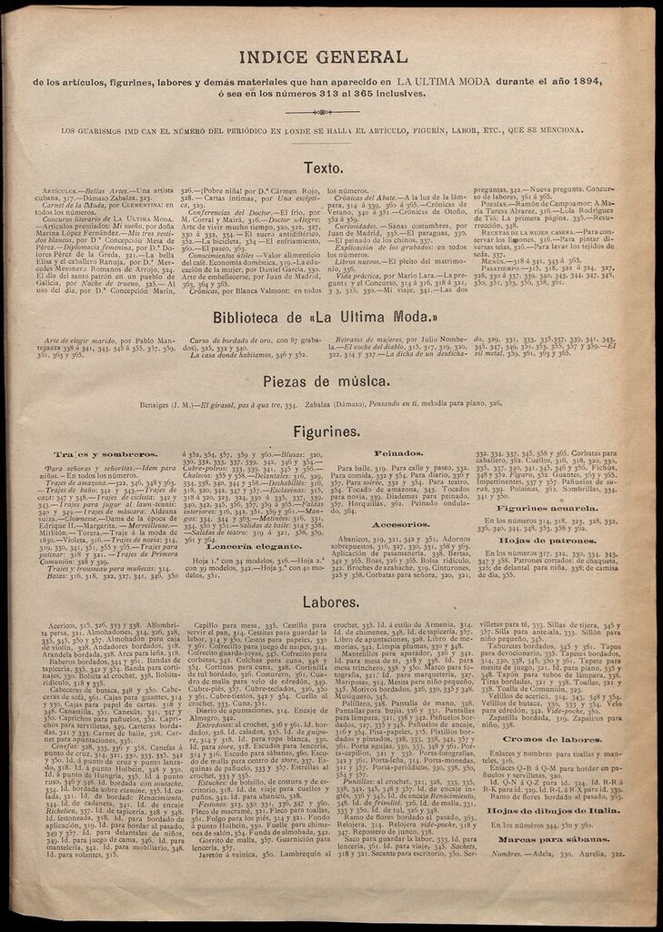 Miniatura de La Última moda: revista ilustrada hispano-americana. Índice general 1894, de los artículos, figurines, labores y demas materiales que han aparecido