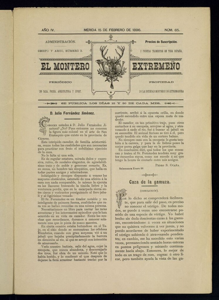 Miniatura de El Montero Extremeño : periódico de caza, pesca, agricultura y sport del 15 de febrero de 1896