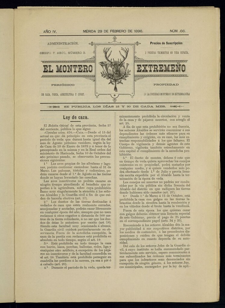 Miniatura de El Montero Extremeño : periódico de caza, pesca, agricultura y sport del 29 de febrero de 1896