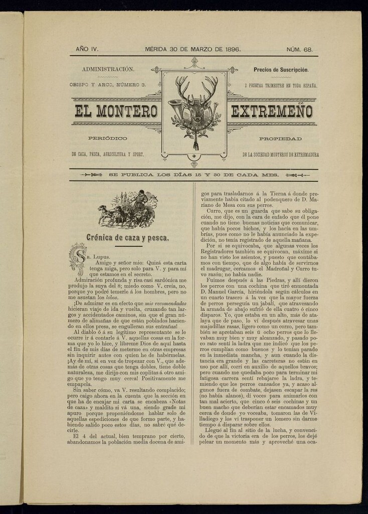 Miniatura de El Montero Extremeño : periódico de caza, pesca, agricultura y sport del 30 de marzo de 1896