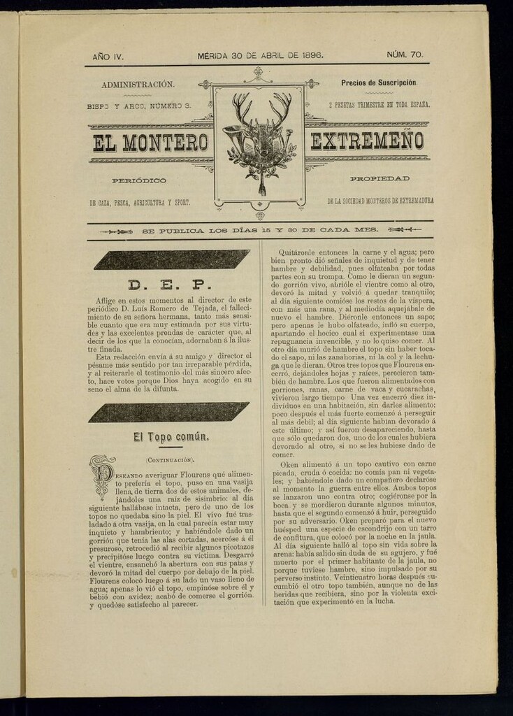 Miniatura de El Montero Extremeño : periódico de caza, pesca, agricultura y sport del 30 de abril de 1896