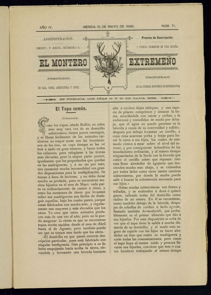 Miniatura de El Montero Extremeño : periódico de caza, pesca, agricultura y sport del 15 de mayo de 1896