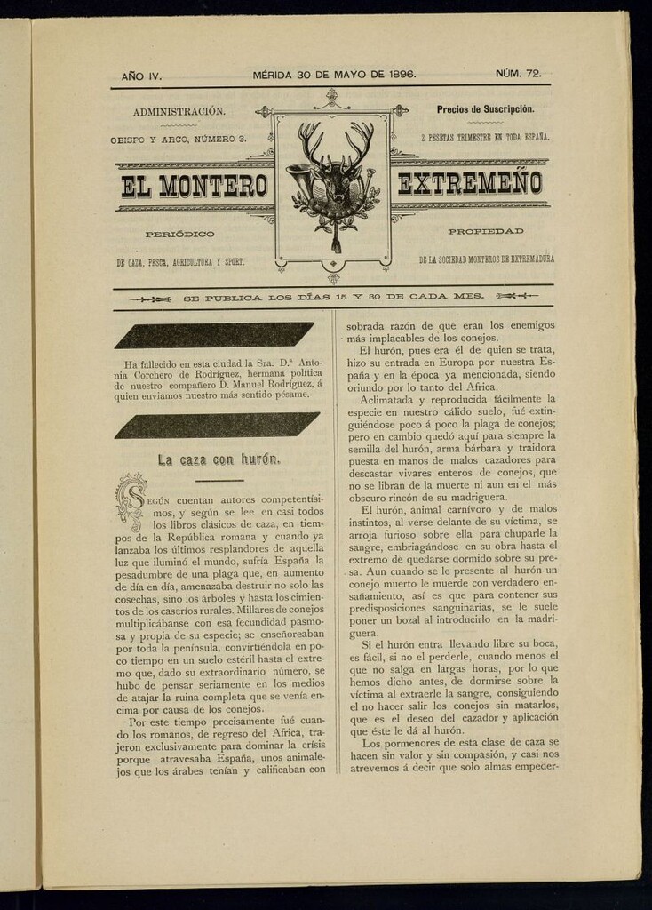 Miniatura de El Montero Extremeño : periódico de caza, pesca, agricultura y sport del 30 de mayo de 1896
