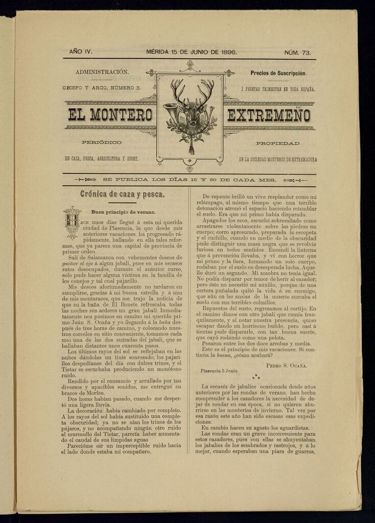 Miniatura de El Montero Extremeño : periódico de caza, pesca, agricultura y sport del 15 de junio de 1896