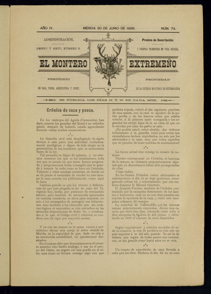 Miniatura de El Montero Extremeño : periódico de caza, pesca, agricultura y sport del 30 de junio de 1896