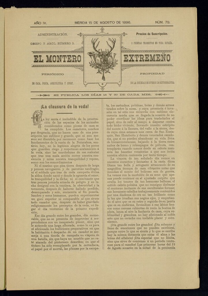 Miniatura de El Montero Extremeño : periódico de caza, pesca, agricultura y sport del 15 de agosto de 1896