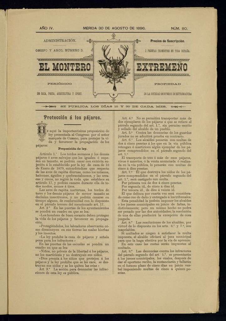 Miniatura de El Montero Extremeño : periódico de caza, pesca, agricultura y sport del 30 de agosto de 1896