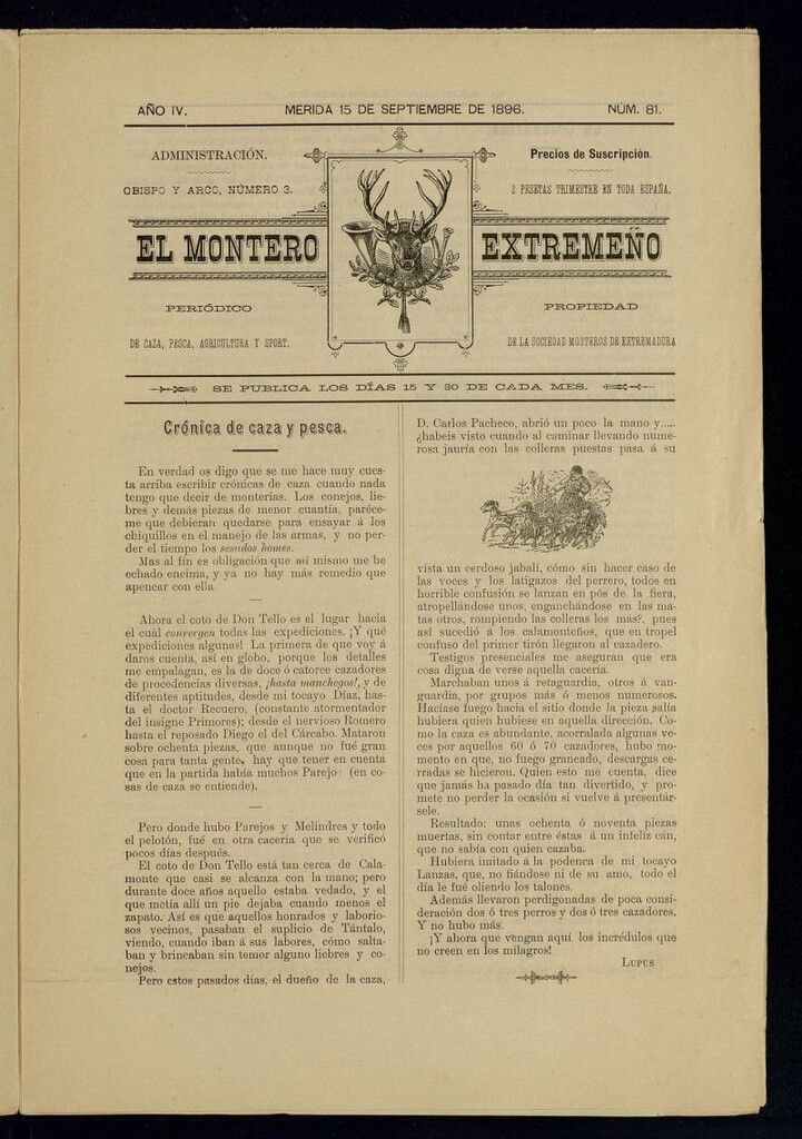Miniatura de El Montero Extremeño : periódico de caza, pesca, agricultura y sport del 15 de septiembre de 1896