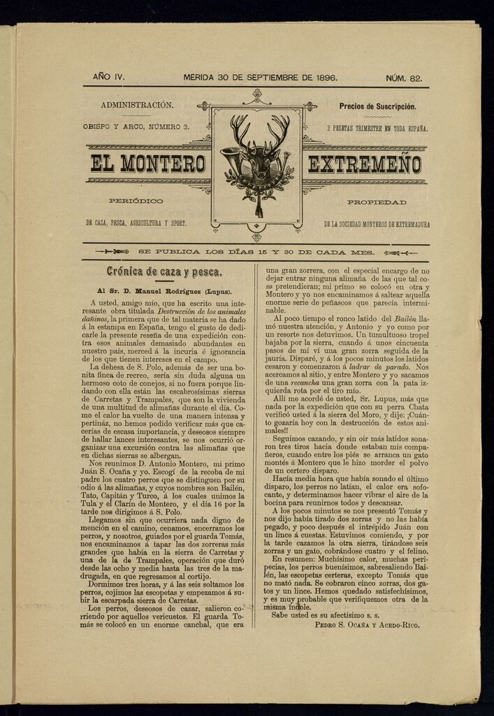 Miniatura de El Montero Extremeño : periódico de caza, pesca, agricultura y sport del 30 de septiembre de 1896