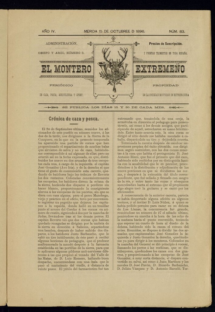 Miniatura de El Montero Extremeño : periódico de caza, pesca, agricultura y sport del 15 de octubre de 1896