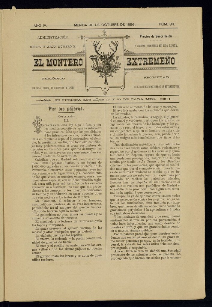 Miniatura de El Montero Extremeño : periódico de caza, pesca, agricultura y sport del 30 de octubre de 1896