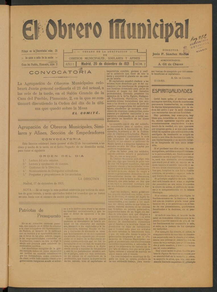 Miniatura de El Obrero Municipal : órgano de la Agrupación de Obreros Municipales, Similares y Afines del 20 de diciembre de 1921