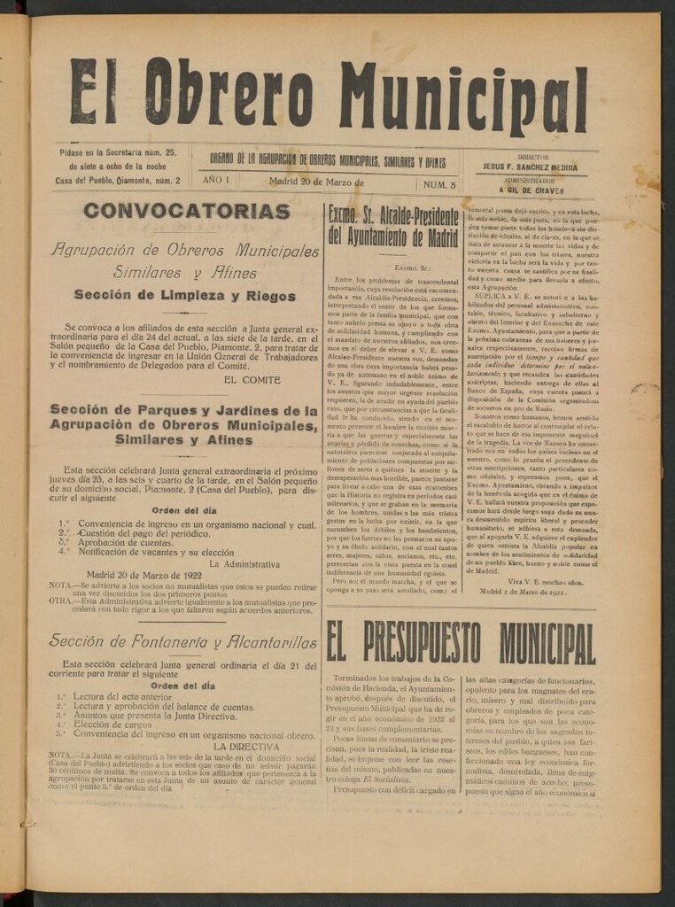 Miniatura de El Obrero Municipal : órgano de la Agrupación de Obreros Municipales, Similares y Afines del 20 de marzo de 1922