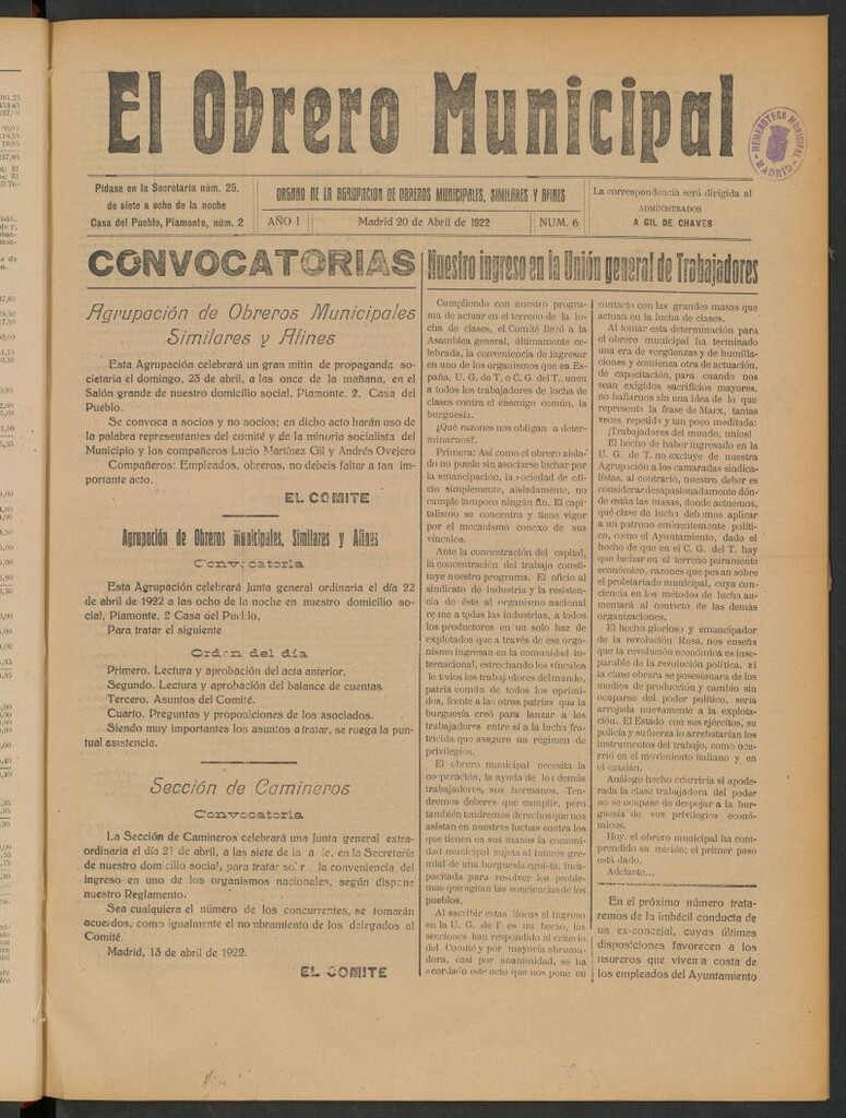 Miniatura de El Obrero Municipal : órgano de la Agrupación de Obreros Municipales, Similares y Afines del 20 de abril de 1922