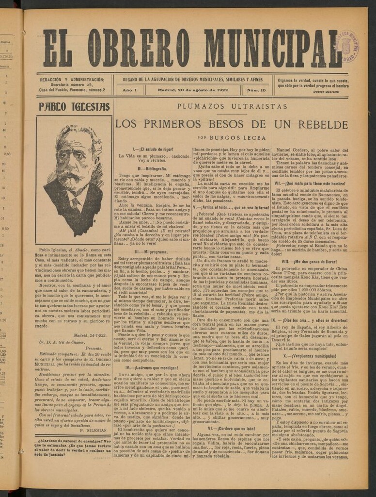 Miniatura de El Obrero Municipal : órgano de la Agrupación de Obreros Municipales, Similares y Afines del 20 de agosto de 1922