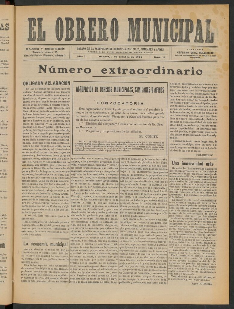 Miniatura de El Obrero Municipal : órgano de la Agrupación de Obreros Municipales, Similares y Afines del 7 de octubre de 1922