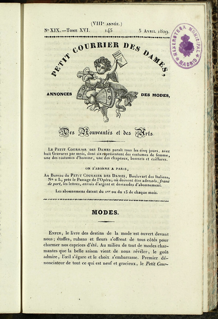 Miniatura de Petit Courrier des Dames : annonces des modes, des nouveautés et des arts del 5 de Abril de 1829