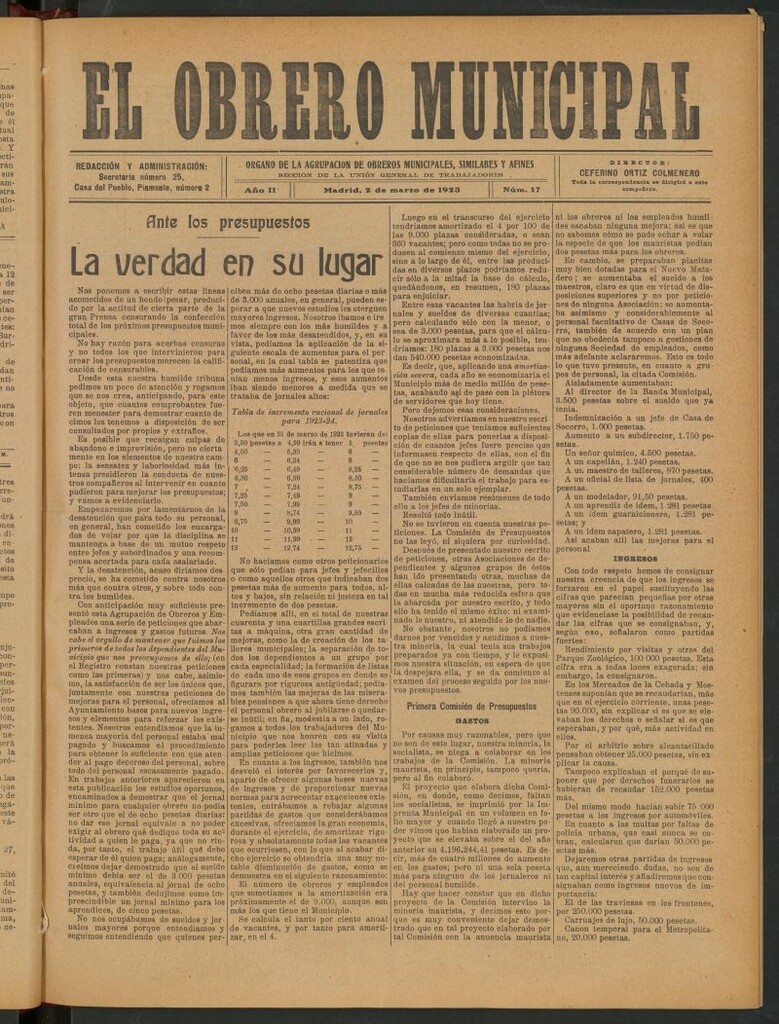 Miniatura de El Obrero Municipal : órgano de la Agrupación de Obreros Municipales, Similares y Afines  del 2 de marzo de 1923