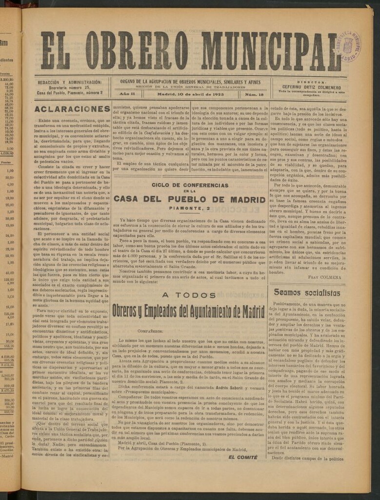 Miniatura de El Obrero Municipal : órgano de la Agrupación de Obreros Municipales, Similares y Afines del 10 de abril de 1923