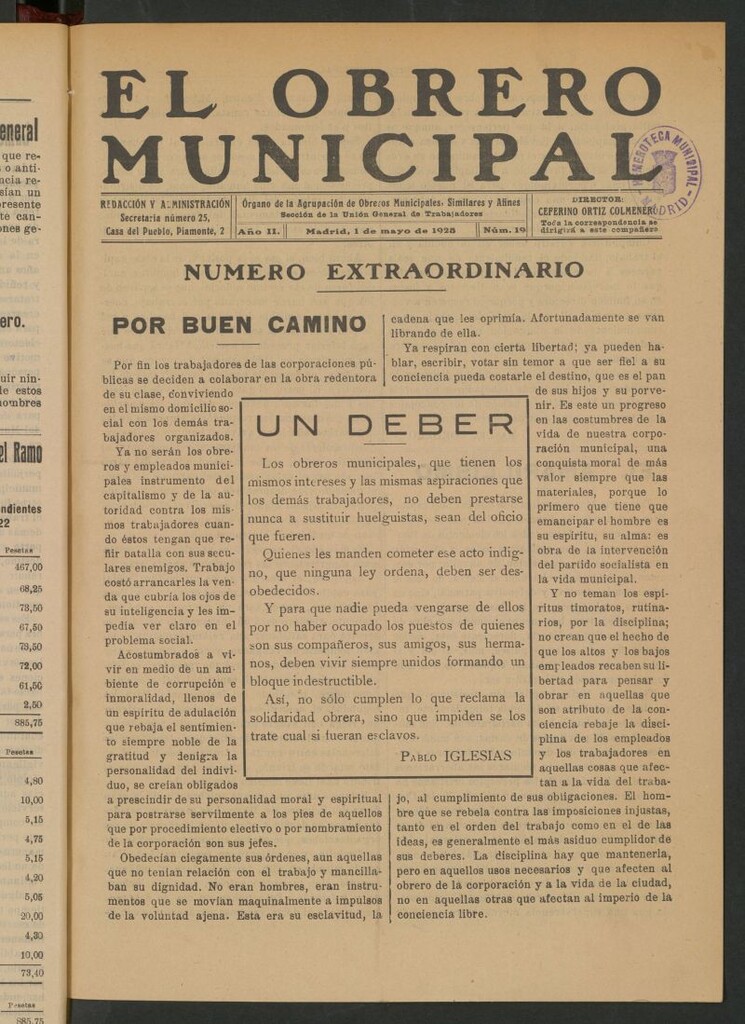 Miniatura de El Obrero Municipal : órgano de la Agrupación de Obreros Municipales, Similares y Afines del 1 de mayo de 1923
