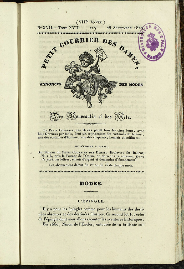 Miniatura de Petit Courrier des Dames : annonces des modes, des nouveautés et des arts del 25 de Septiembre de 1829