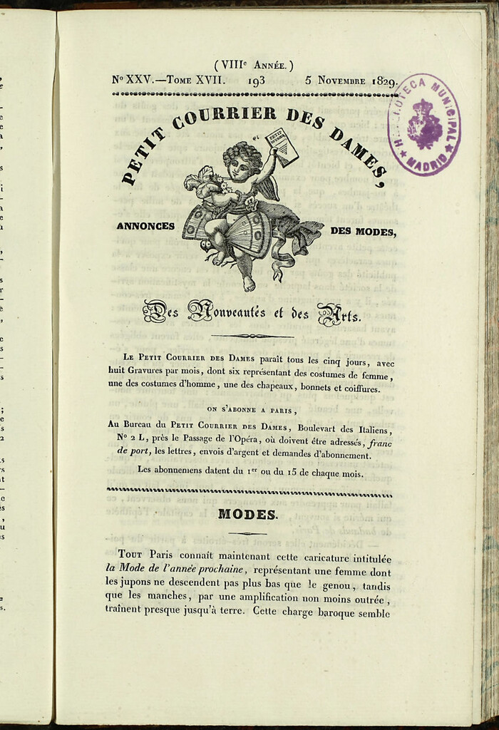 Miniatura de Petit Courrier des Dames : annonces des modes, des nouveautés et des arts del 5 de Noviembre de 1829