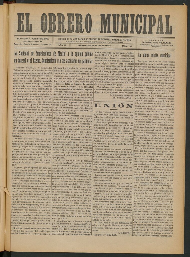 Miniatura de El Obrero Municipal : órgano de la Agrupación de Obreros Municipales, Similares y Afines del 20 de julio de 1923