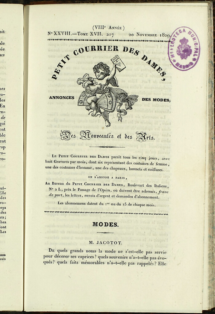 Miniatura de Petit Courrier des Dames : annonces des modes, des nouveautés et des arts del 20 de Noviembre de 1829